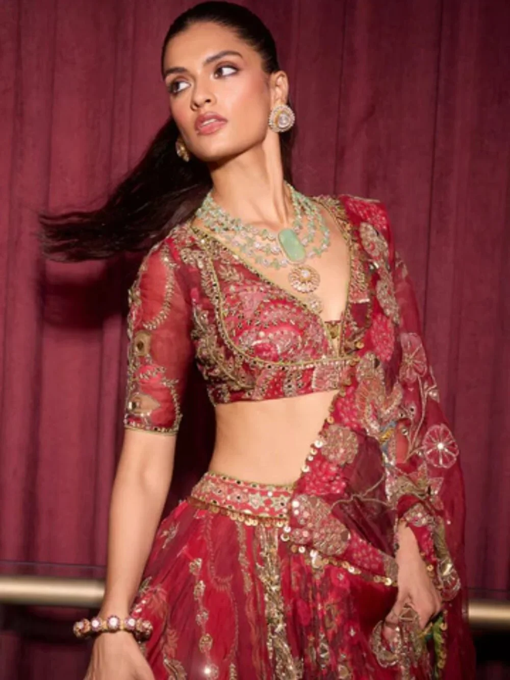 Mahima Mahajan Dark Red Lengha Ehlam with Veil (MMM-WF24-954) - Picture 6 of 12